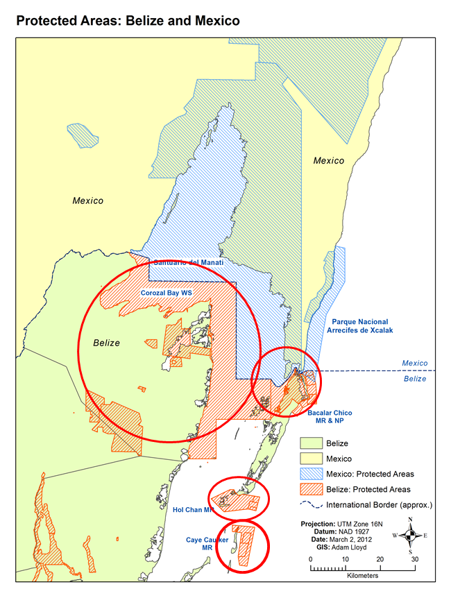 Protected areas Belize and Mexico.SACD